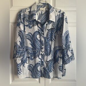 Chico’s White And Blue Paisley Print Button Up Shirt Size 2 (12) Silk & Cotton